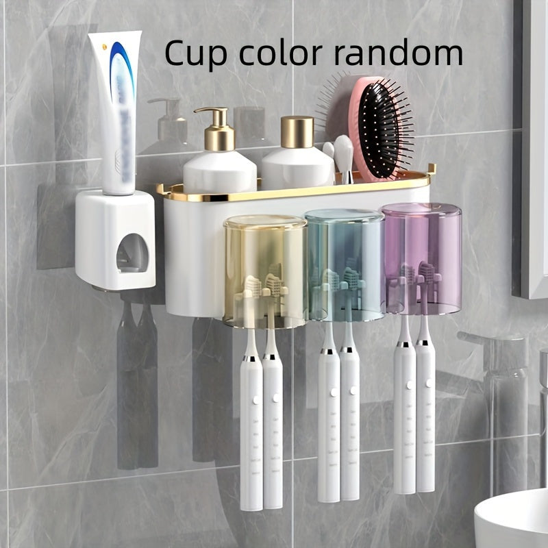 PVC Wall-Mounted Bathroom Organizer with Toothbrush and Mug Holder
