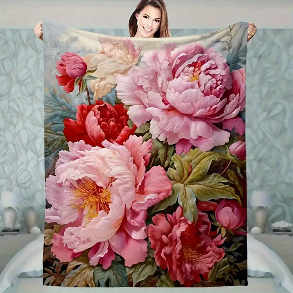 Floral Throw Blanket Plush Flannel Polyester All-Season Cozy Decorative