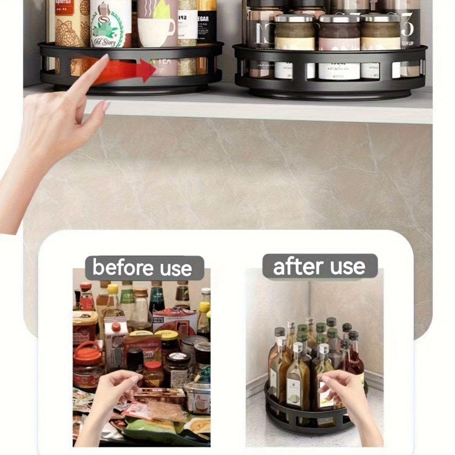 360° Rotating Kitchen Organizer Adjustable Height Metal Spice Rack Lazy Susan