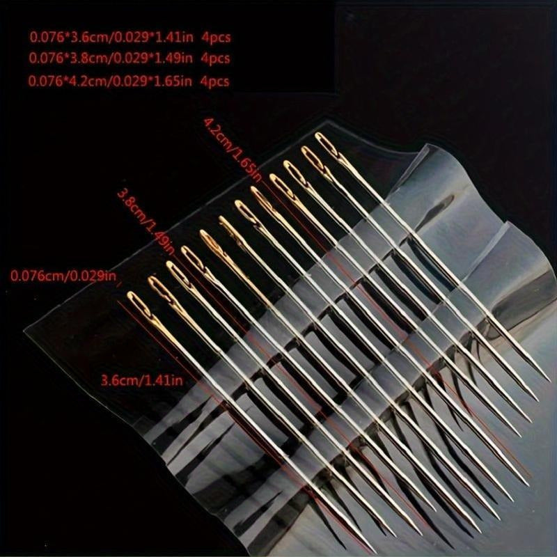 12 самозаворачивающихся игл для ручного шитья с боковым отверстием для удобного штопания и сшивания в белом/золотом цвете, необходимые швейные аксессуары.