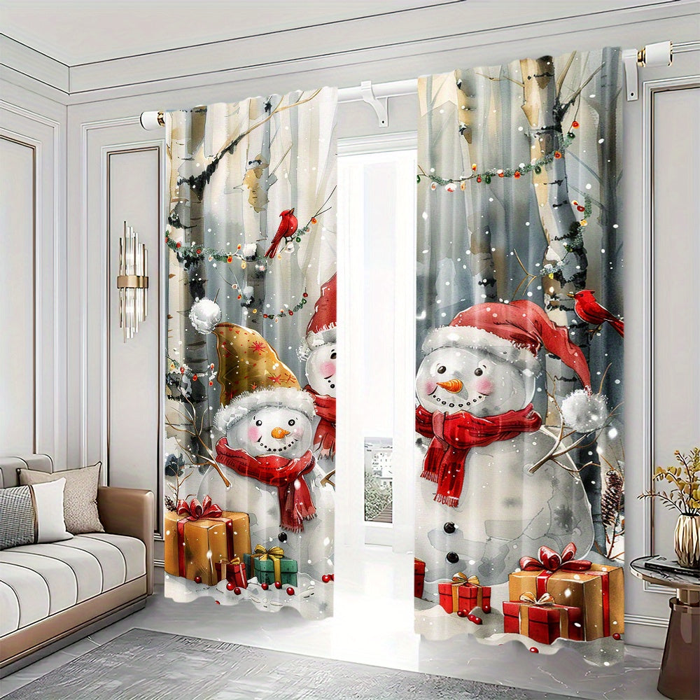 Snowman Pattern Curtains Set 2 Pieces Polyester Winter Living Room Kitchen Bedroom
