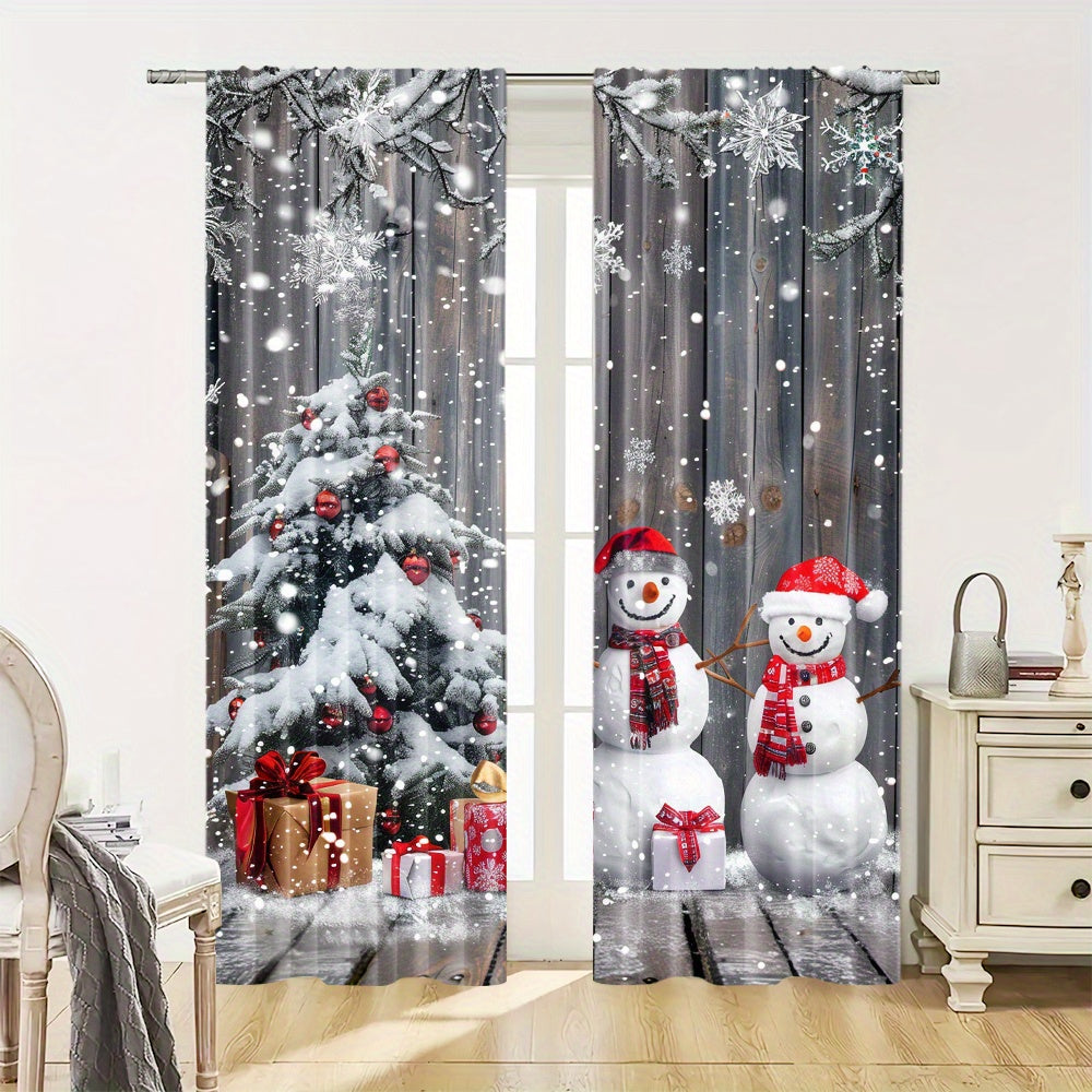 Juego de cortinas de muñeco de nieve y árbol de Navidad 2 cortinas de poliéster con bolsillos para barra para sala de estar, dormitorio, comedor