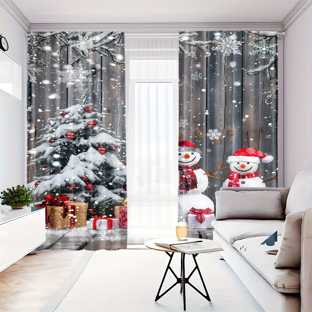 Juego de cortinas de muñeco de nieve y árbol de Navidad 2 cortinas de poliéster con bolsillos para barra para sala de estar, dormitorio, comedor