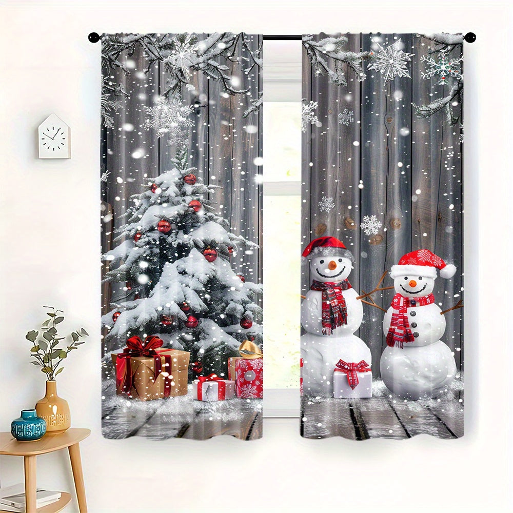 Juego de cortinas de muñeco de nieve y árbol de Navidad 2 cortinas de poliéster con bolsillos para barra para sala de estar, dormitorio, comedor