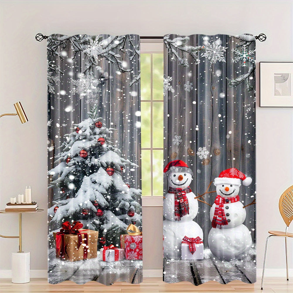 Juego de cortinas de muñeco de nieve y árbol de Navidad 2 cortinas de poliéster con bolsillos para barra para sala de estar, dormitorio, comedor
