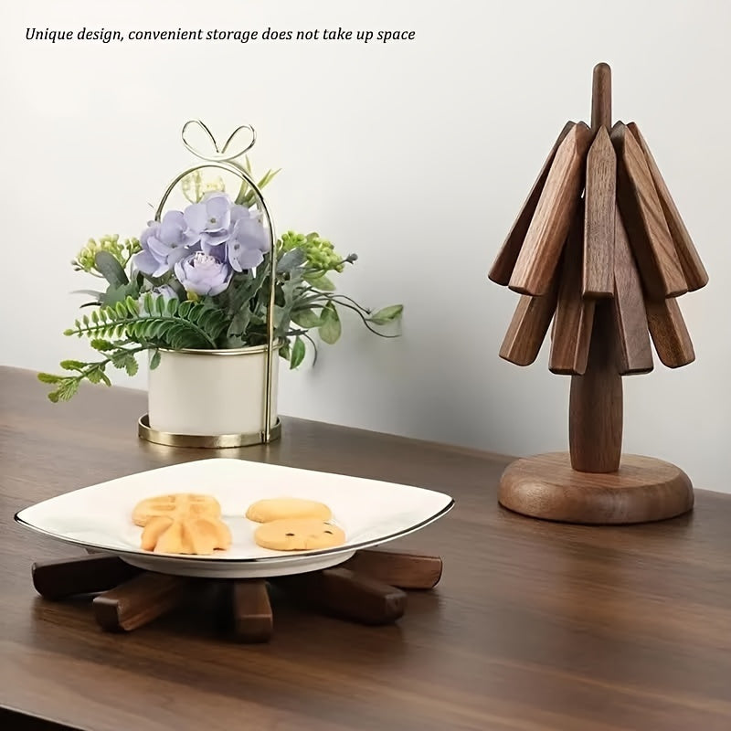 Set of 3 Natural Wood Trivets with Foldable Coasters Heat-Resistant Tree Design