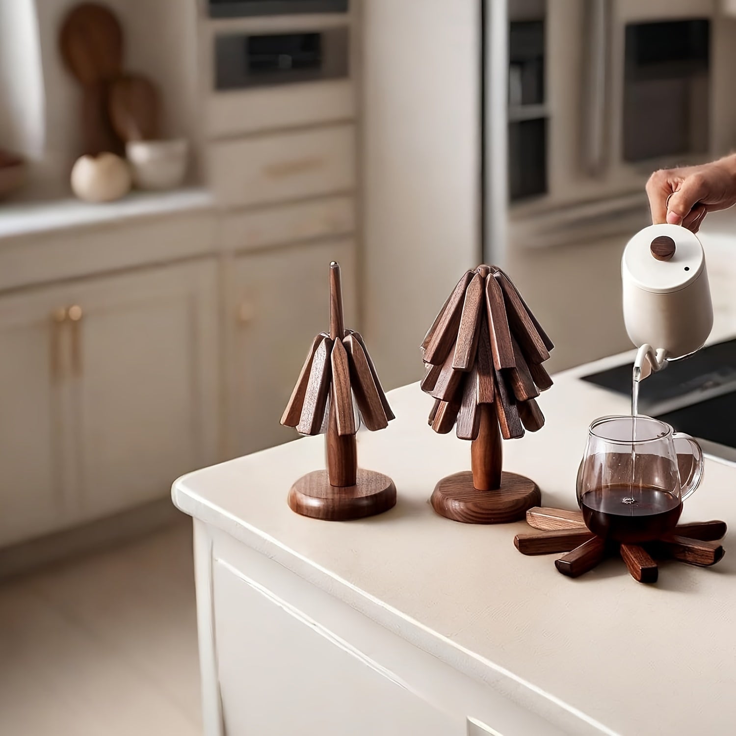 Set of 3 Natural Wood Trivets with Foldable Coasters Heat-Resistant Tree Design