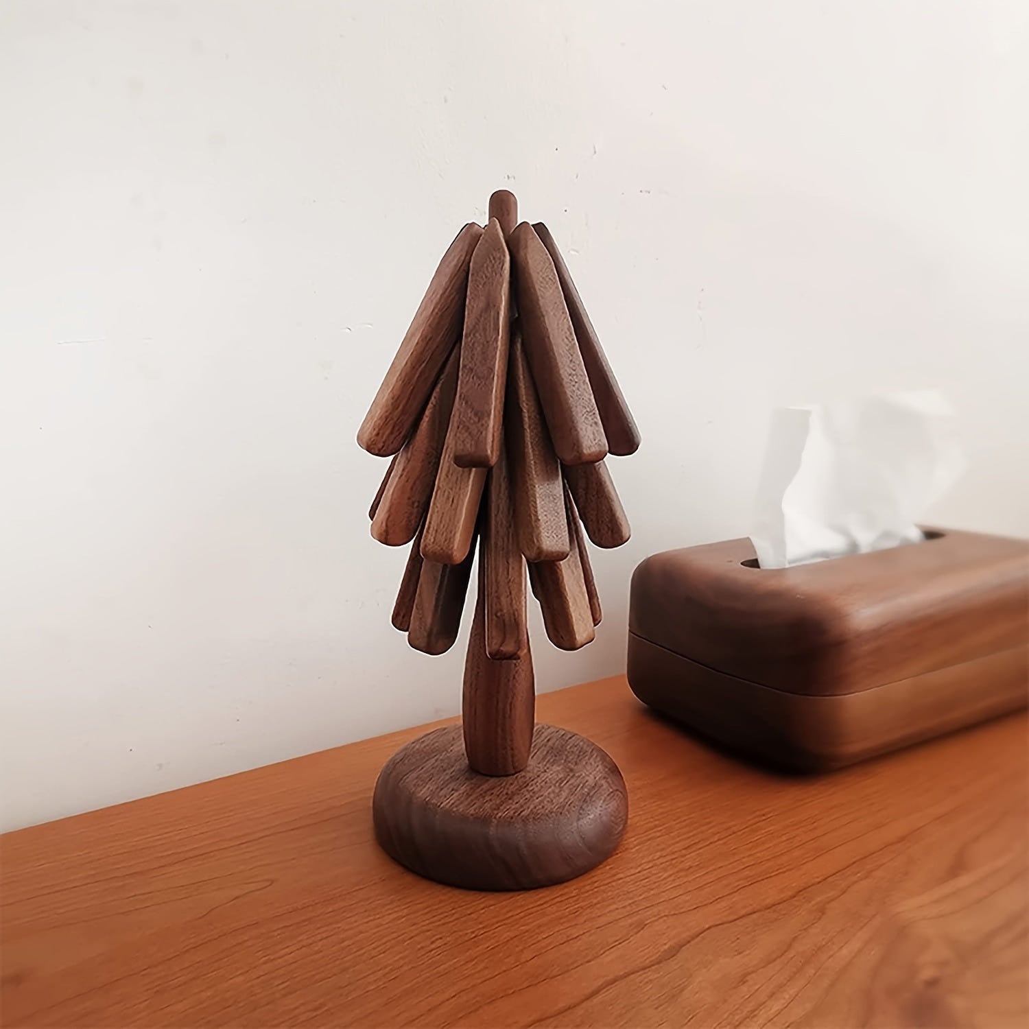 Set of 3 Natural Wood Trivets with Foldable Coasters Heat-Resistant Tree Design