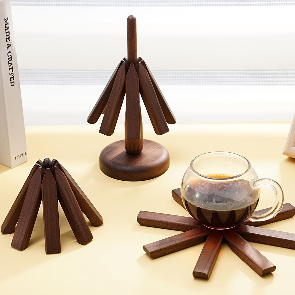 Set of 3 Natural Wood Trivets with Foldable Coasters Heat-Resistant Tree Design