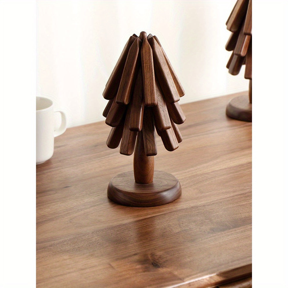 Set of 3 Natural Wood Trivets with Foldable Coasters Heat-Resistant Tree Design