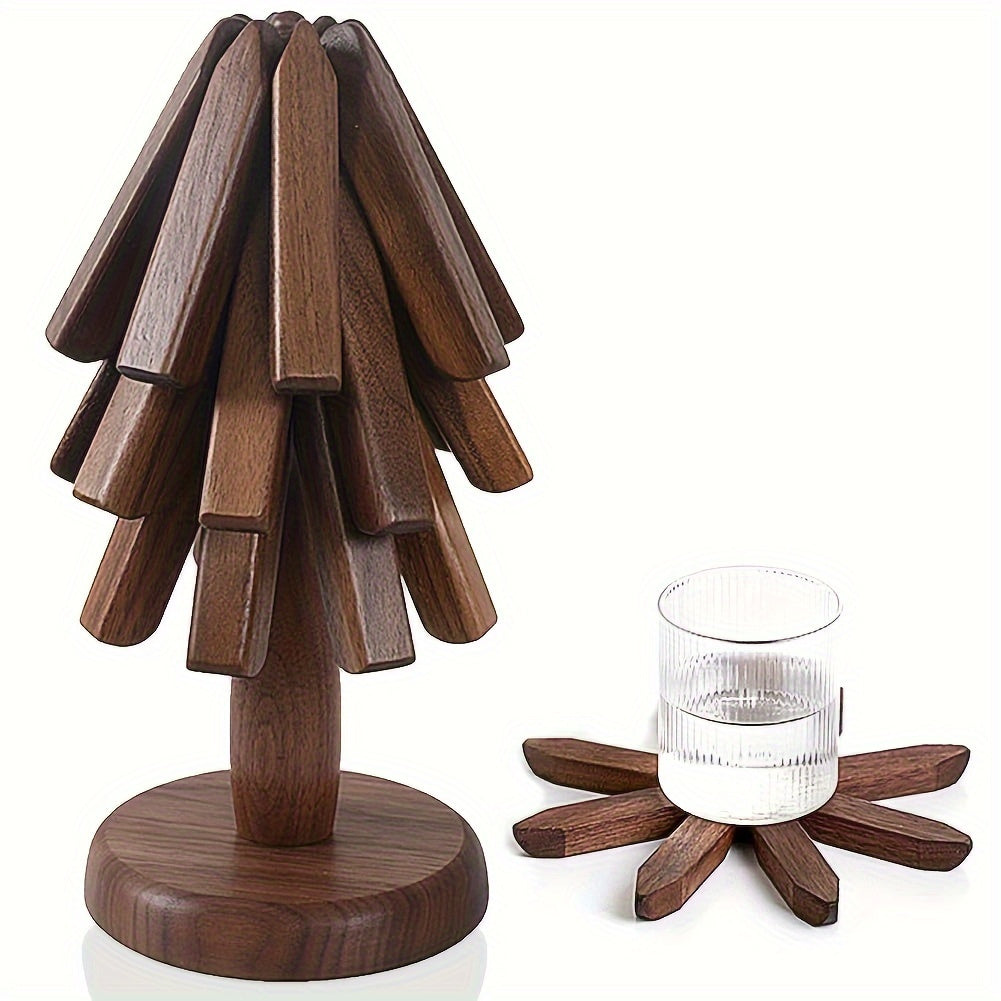 Set of 3 Natural Wood Trivets with Foldable Coasters Heat-Resistant Tree Design