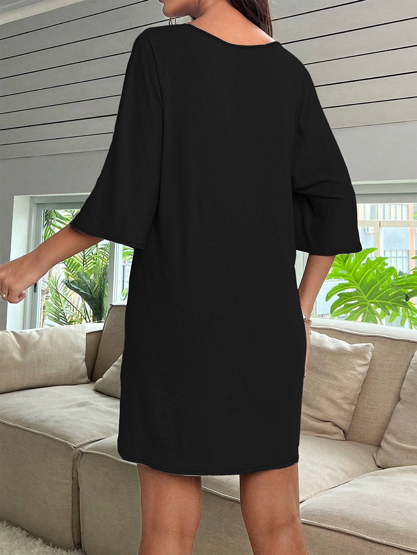 Женское платье-туника большого размера с V-образным вырезом, короткими рукавами, принтом, из полиэстера, повседневное ночное платье