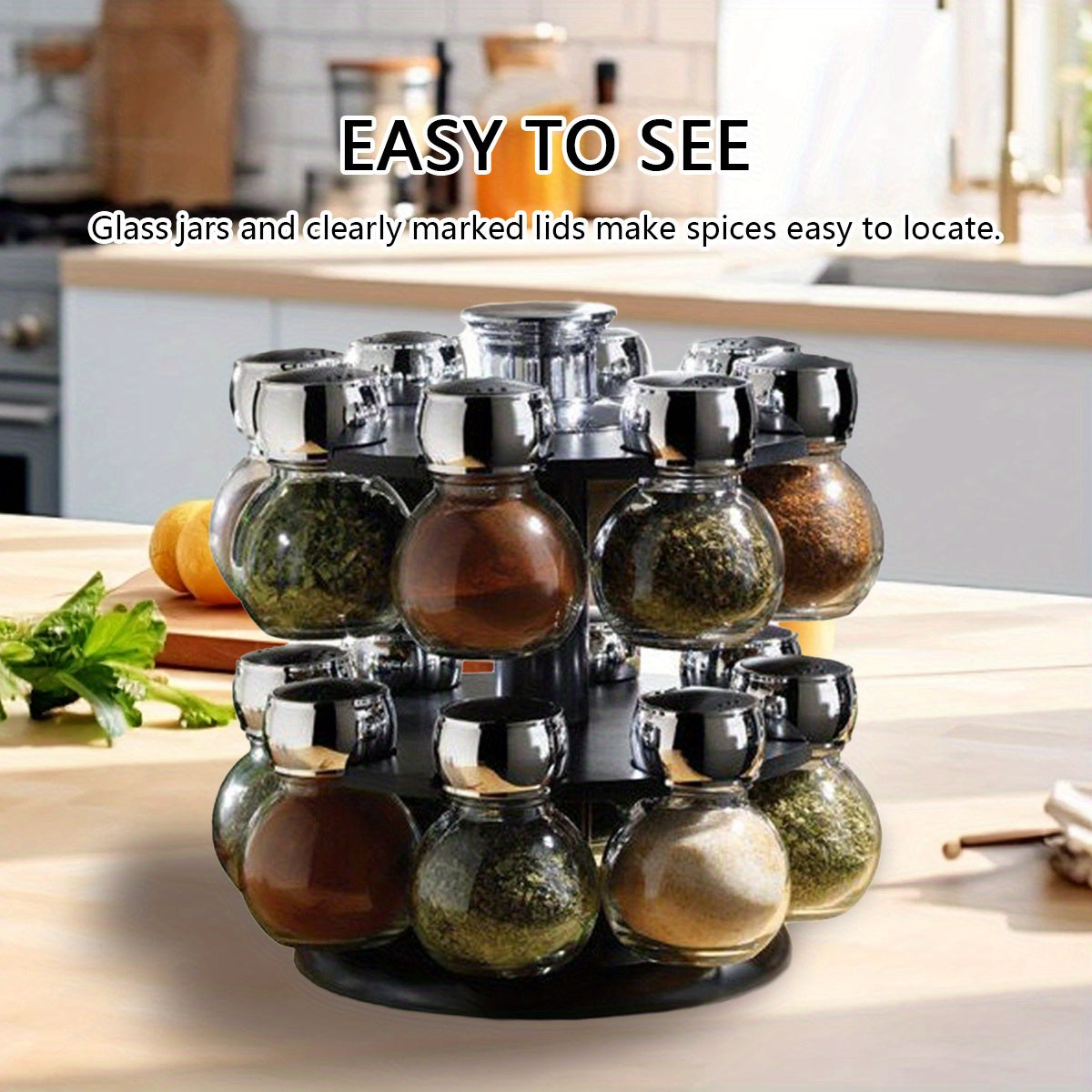 16-Jar Rotating Spice Rack with Lift and Pour Caps and Free Refill