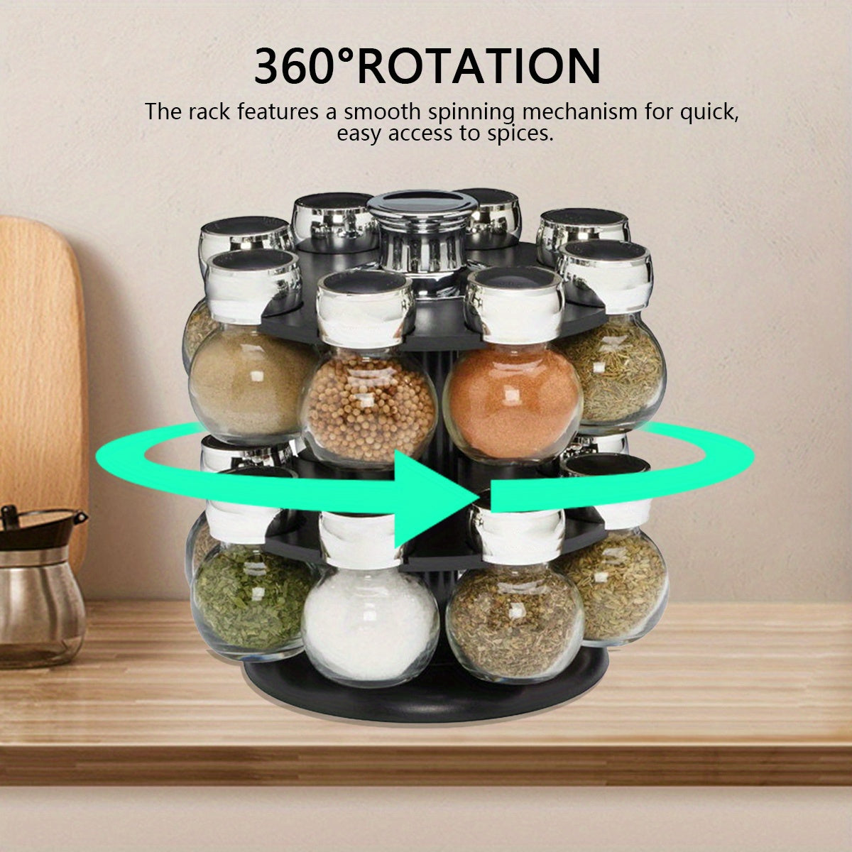 16-Jar Rotating Spice Rack with Lift and Pour Caps and Free Refill