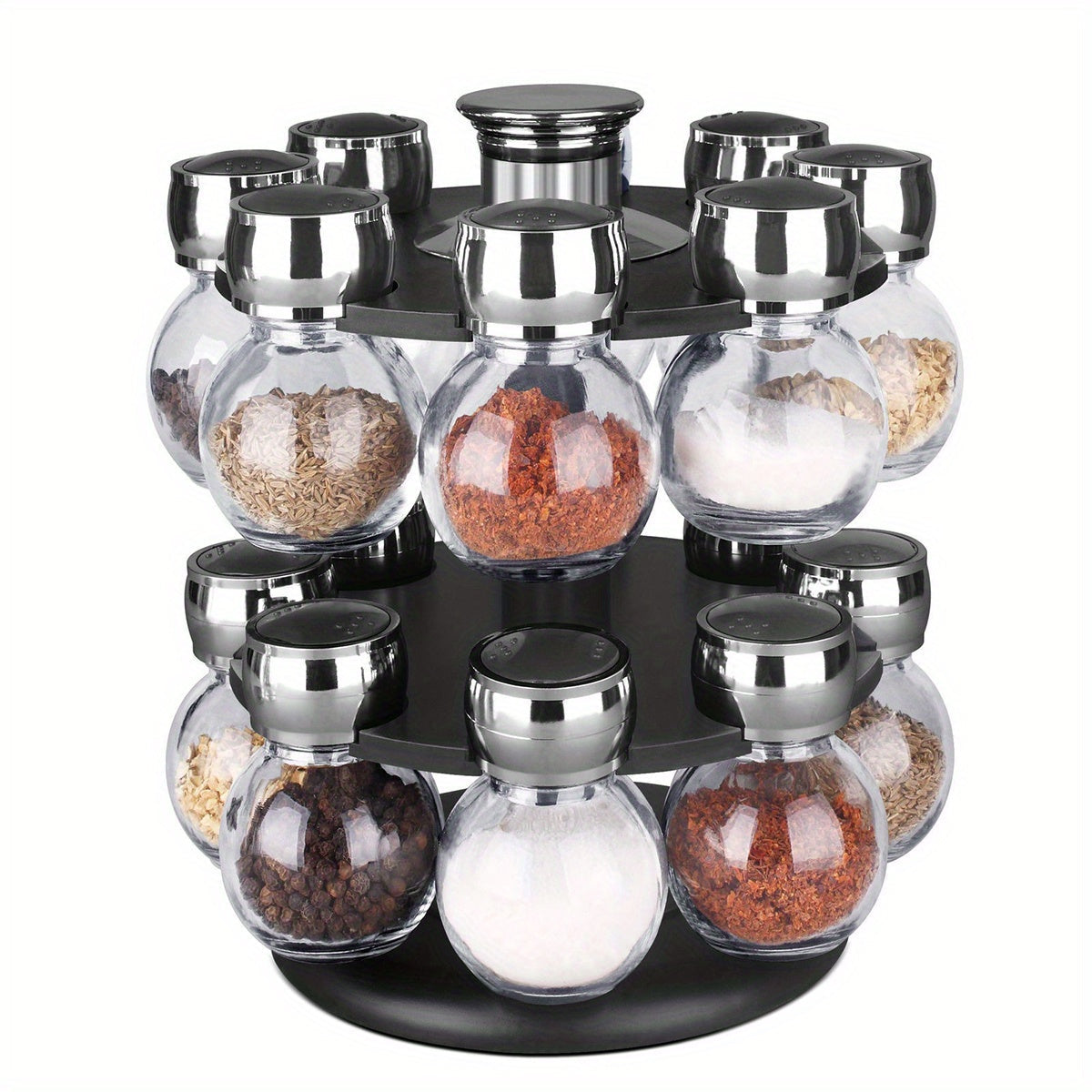 16-Jar Rotating Spice Rack with Lift and Pour Caps and Free Refill