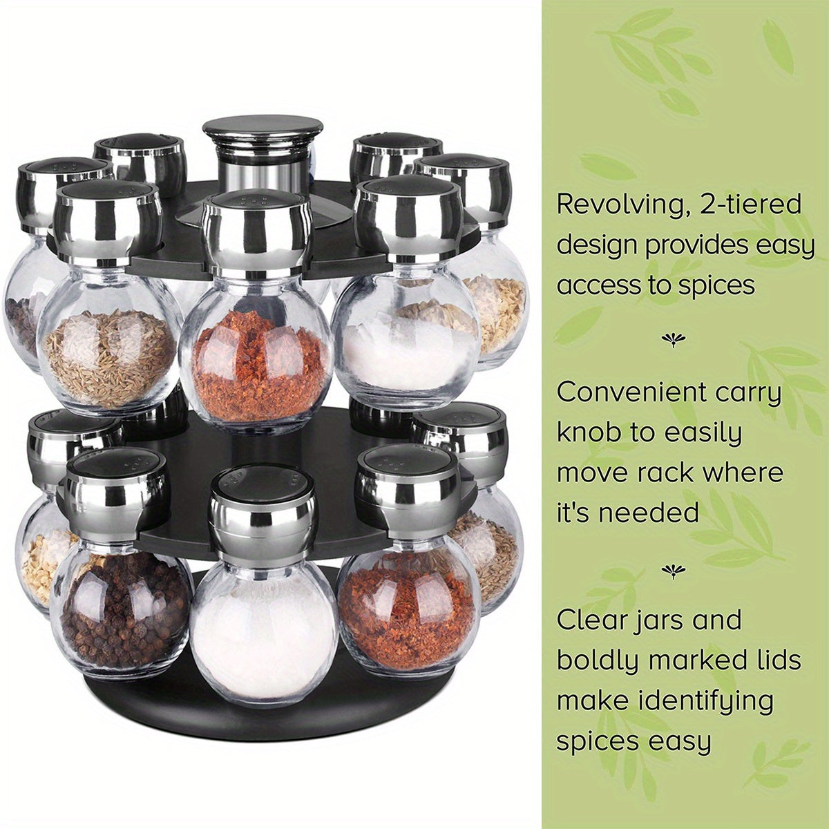 16-Jar Rotating Spice Rack with Lift and Pour Caps and Free Refill