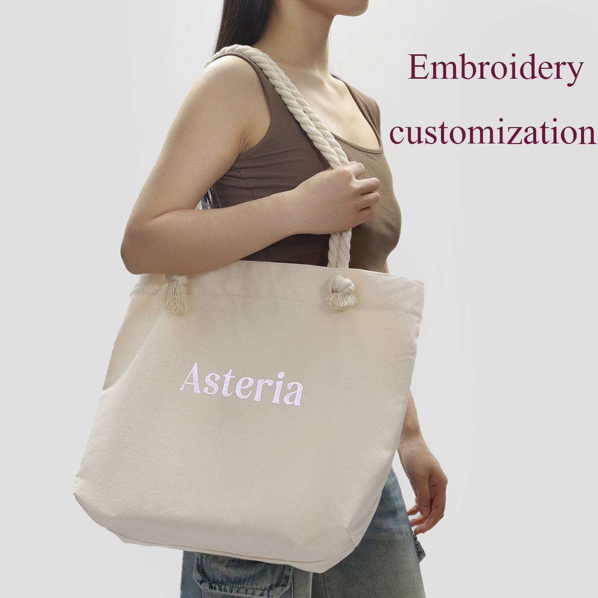 Canvas Tote Bag with Embroidered Design Large Capacity Foldable Washable for Casual, Travel, and Beach