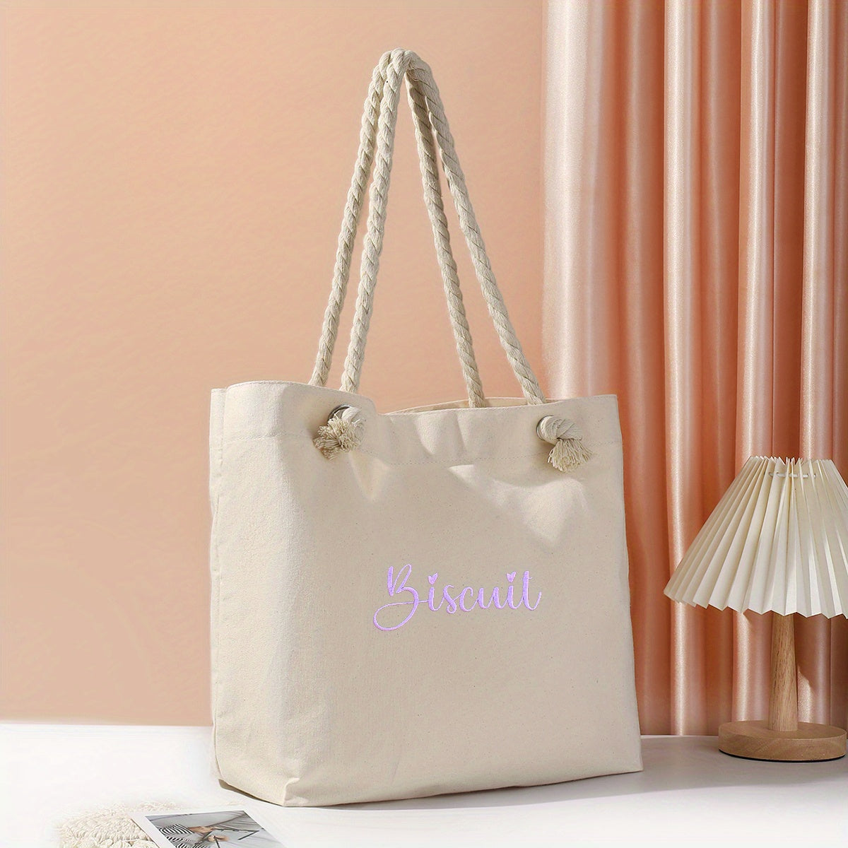 Canvas Tote Bag with Embroidered Design Large Capacity Foldable Washable for Casual, Travel, and Beach