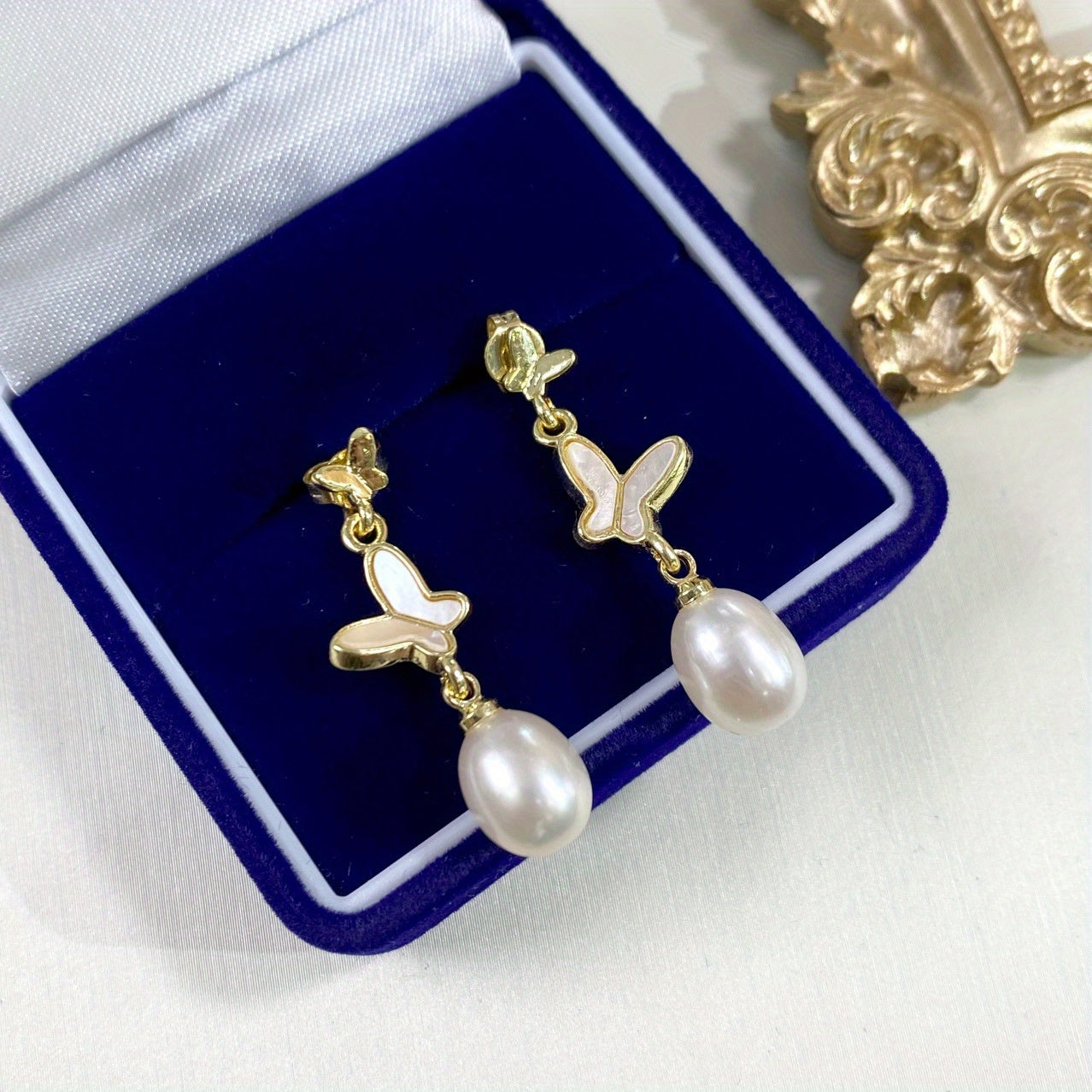 Sterling Silver Butterfly Earrings with Freshwater Pearl Dangles for Women