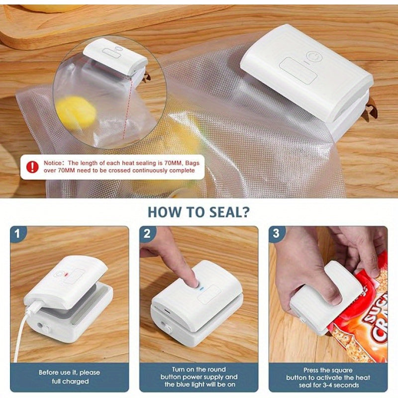 Mini qo'l vakuum muhrlagichi, kesgich va sumka muhrlagichi USB zaryadlash bilan. Chip sumkalari uchun yarim avtomatik issiq muhrlagich. 4.44W quvvat va 600mAh litiy batareyasi.