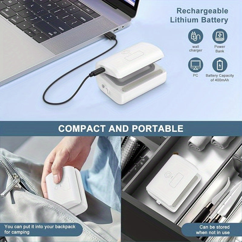 Mini qo'l vakuum muhrlagichi, kesgich va sumka muhrlagichi USB zaryadlash bilan. Chip sumkalari uchun yarim avtomatik issiq muhrlagich. 4.44W quvvat va 600mAh litiy batareyasi.