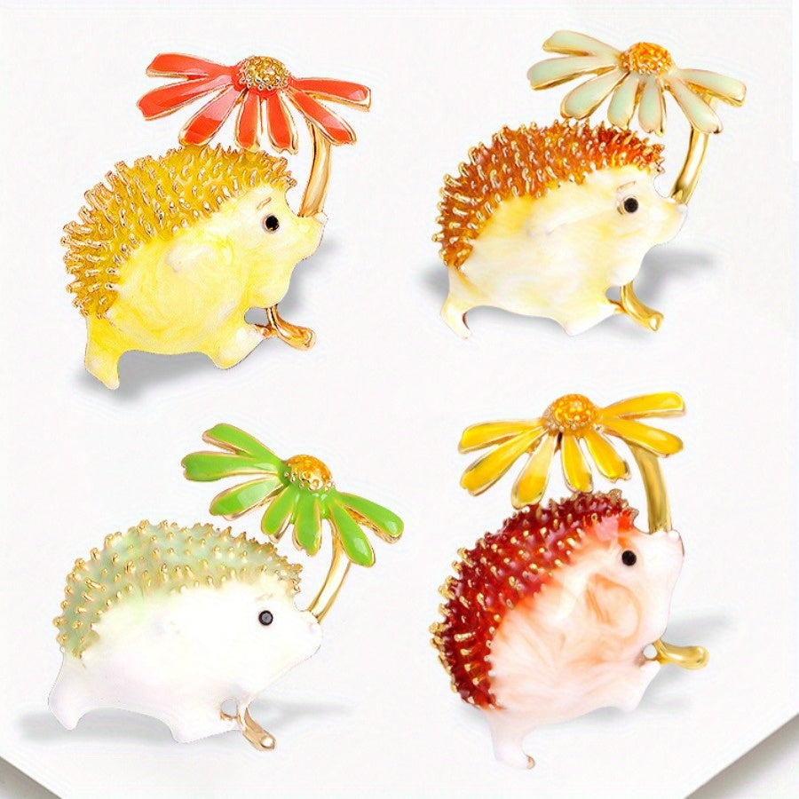Dainty Hedgehog and Daisy Brooch Pin Cartoon Animal Alloy Jewelry for Clothing Accessories