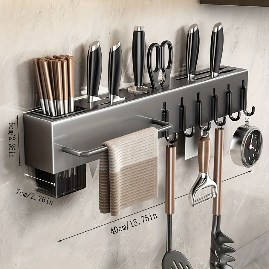 Stainless Steel Wall-Mounted Kitchen Organizer with Towel Bar Hooks and Cutlery Holder