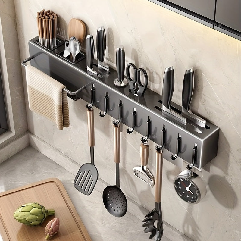 Stainless Steel Wall-Mounted Kitchen Organizer with Towel Bar Hooks and Cutlery Holder