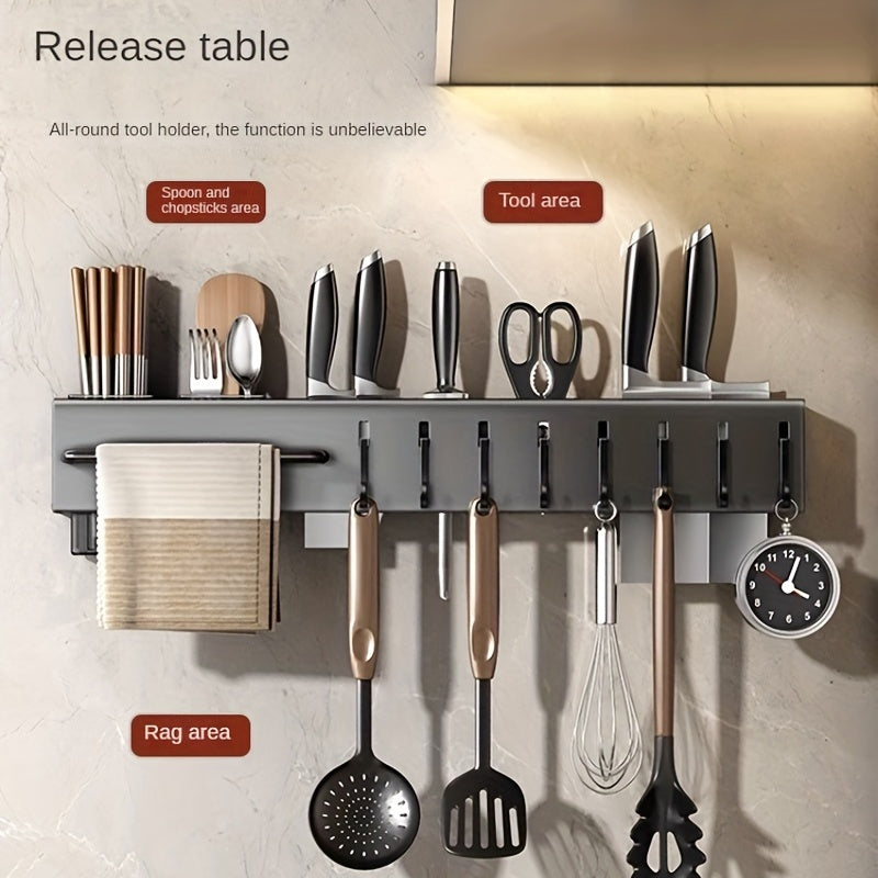 Stainless Steel Wall-Mounted Kitchen Organizer with Towel Bar Hooks and Cutlery Holder