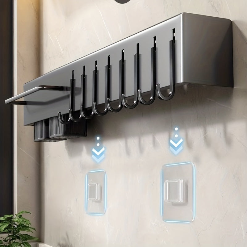 Stainless Steel Wall-Mounted Kitchen Organizer with Towel Bar Hooks and Cutlery Holder