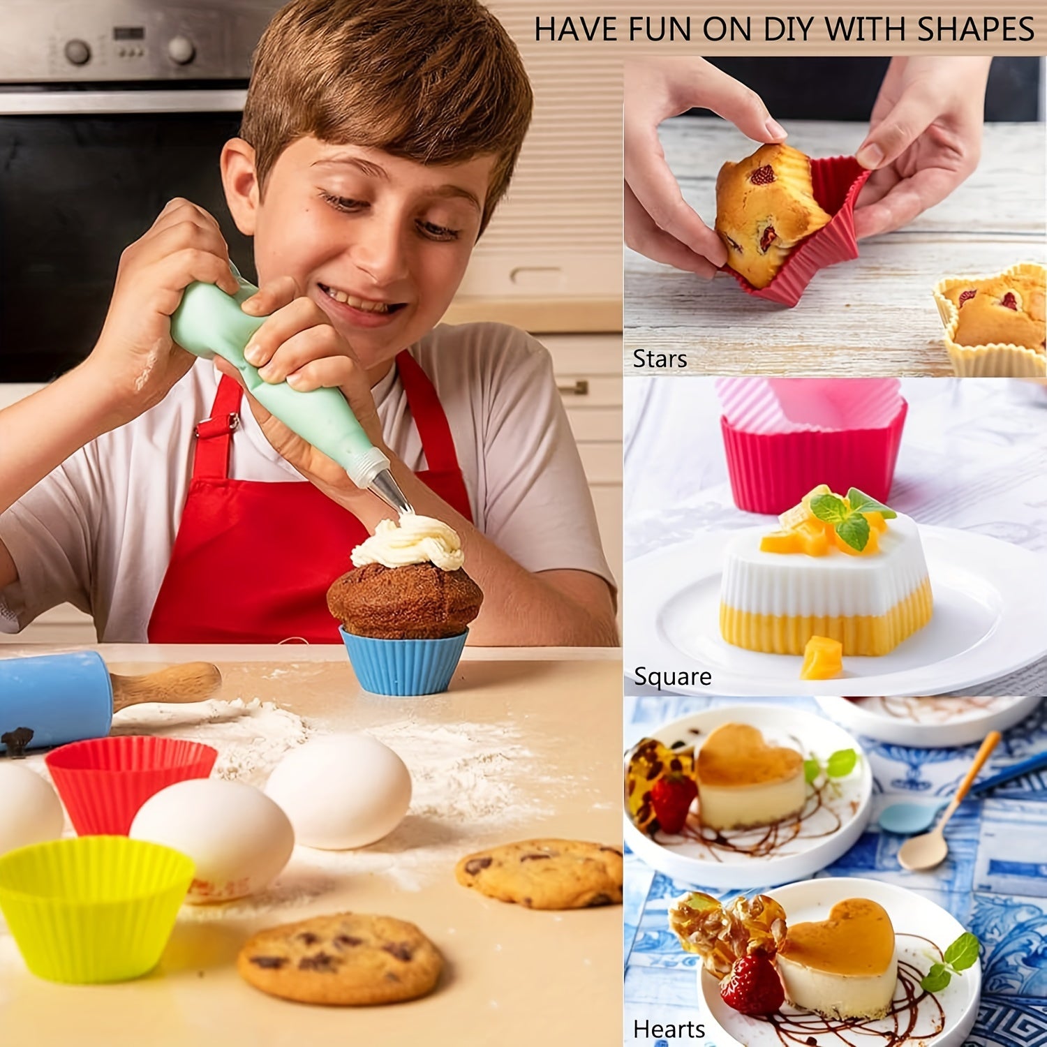 Set of 12 Silicone Cupcake Liners Baking Cups in 4 Shapes for Muffins and Pastries