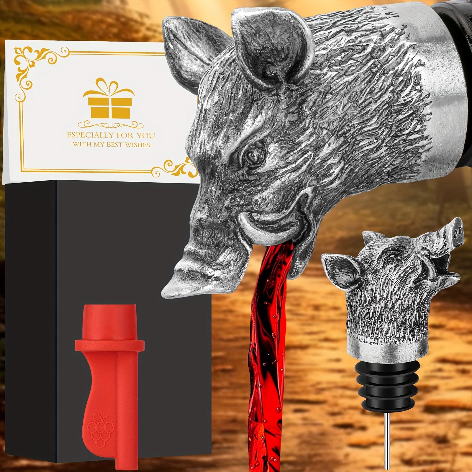 Wild Boar Head Wine Pourer with Versatile Spout Stopper and Vacuum Seal