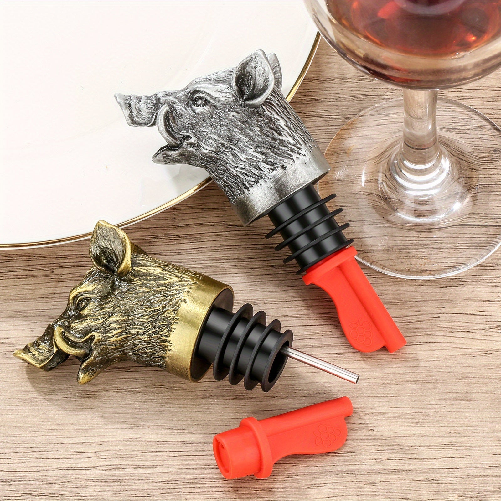 Wild Boar Head Wine Pourer with Versatile Spout Stopper and Vacuum Seal