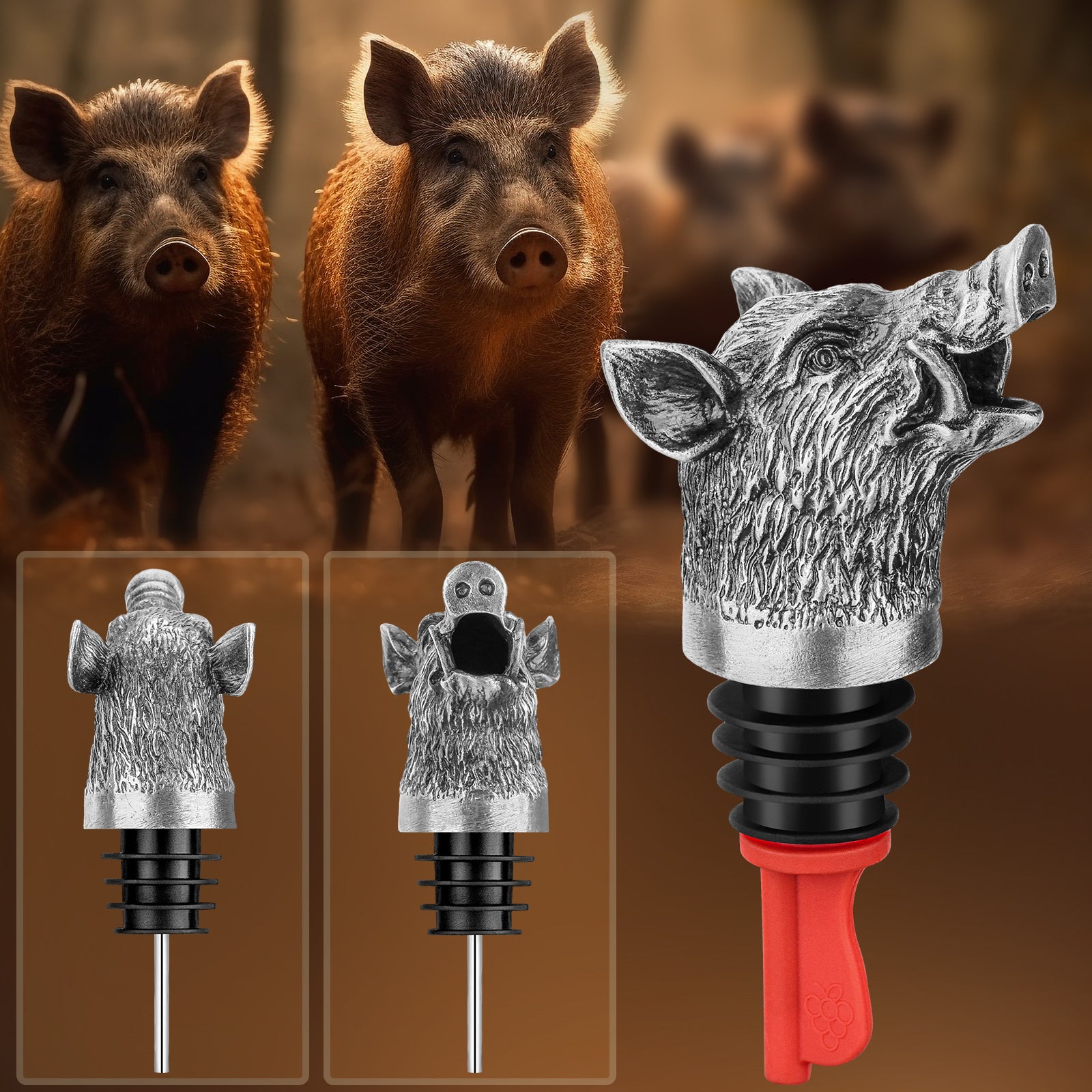 Wild Boar Head Wine Pourer with Versatile Spout Stopper and Vacuum Seal