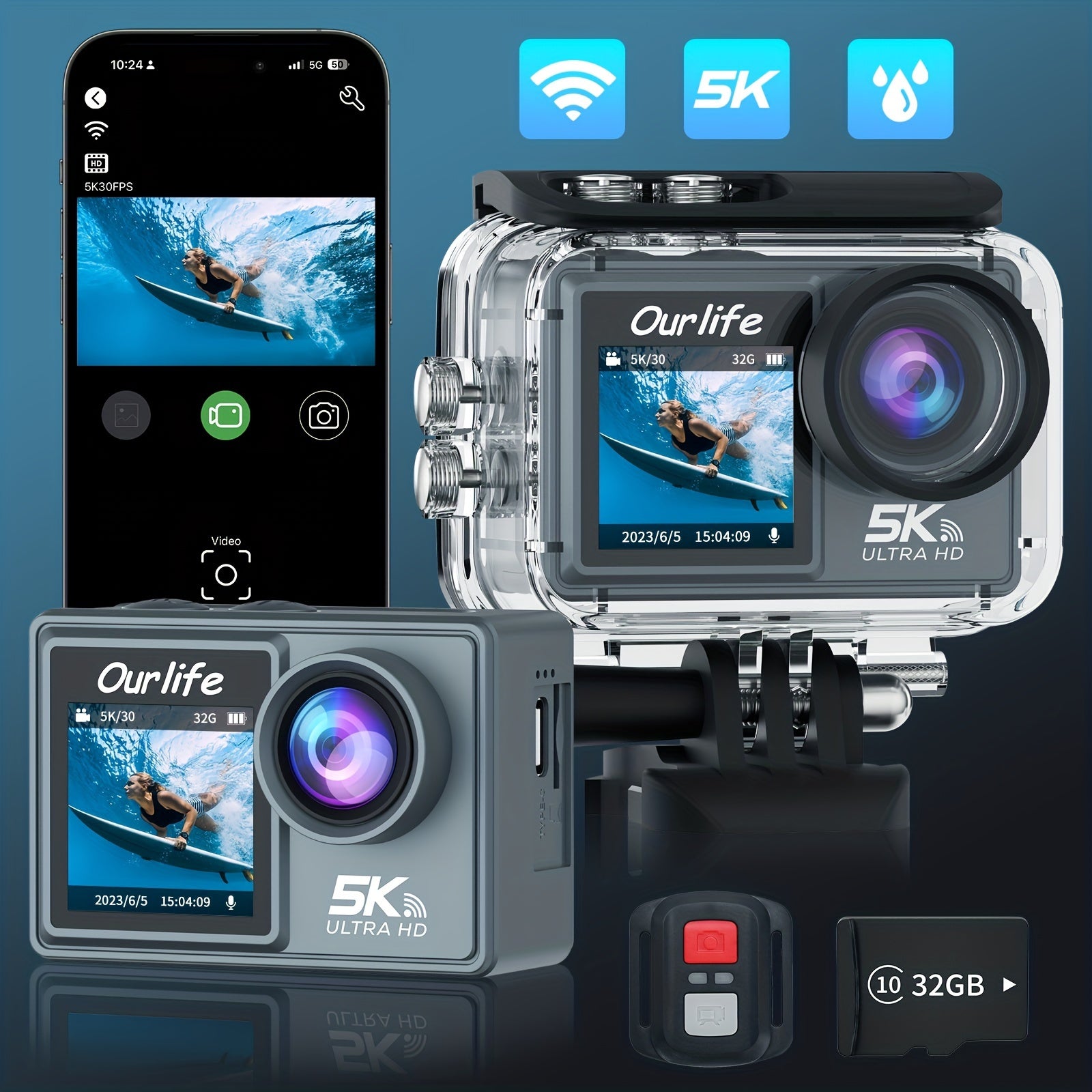 5K Action Camera with Dual Screen WiFi Control Rechargeable Lithium Polymer Battery