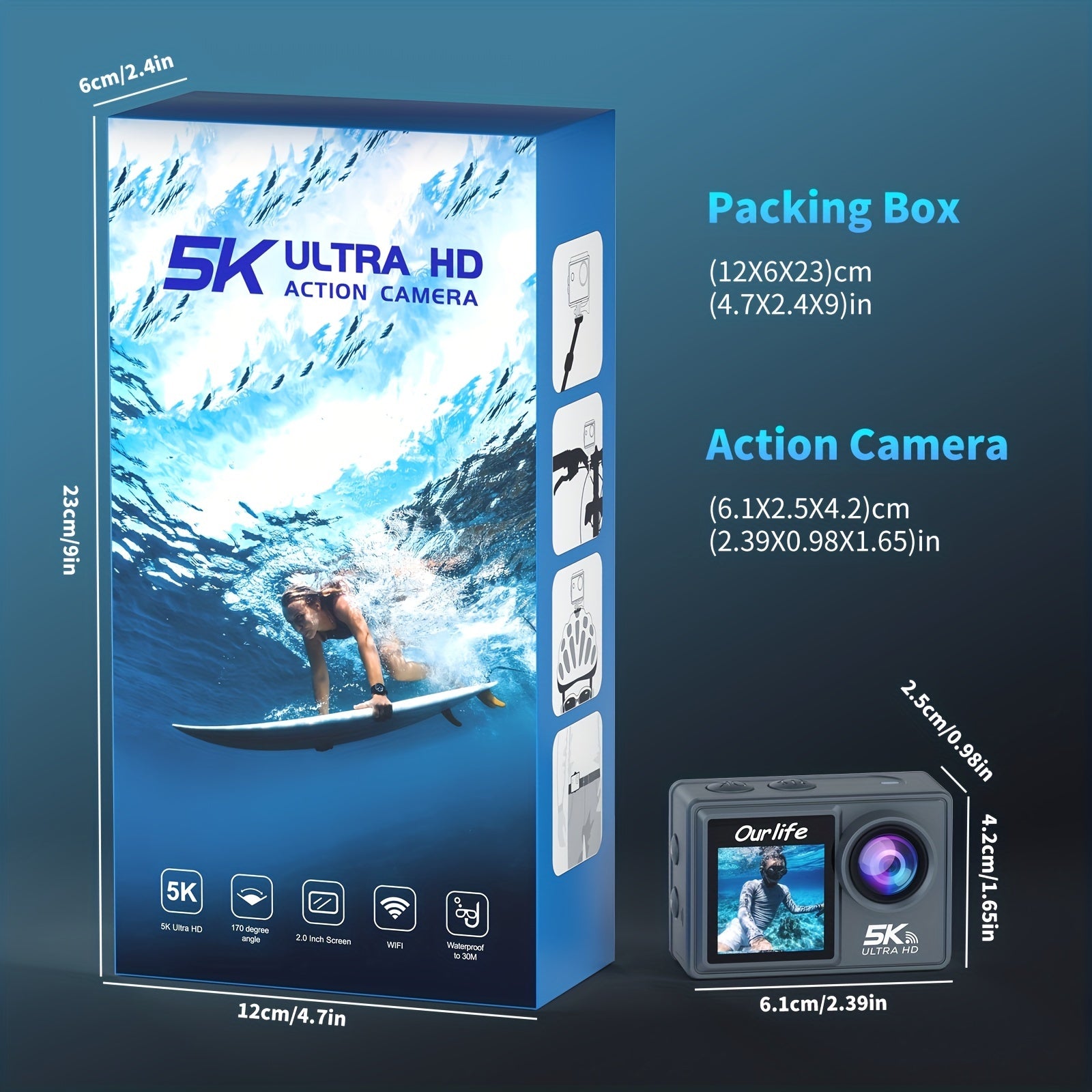 5K Action Camera with Dual Screen WiFi Control Rechargeable Lithium Polymer Battery