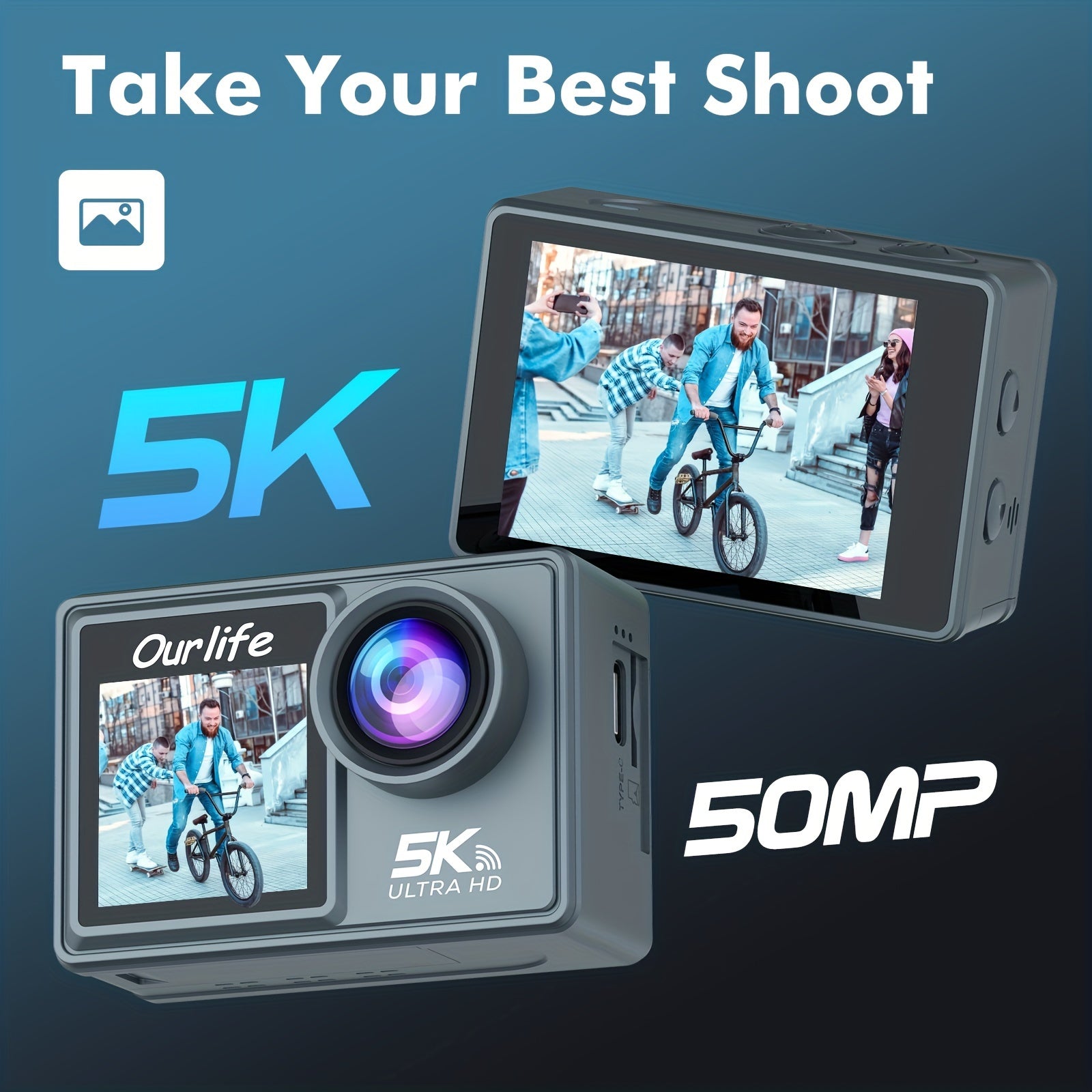 5K Action Camera with Dual Screen WiFi Control Rechargeable Lithium Polymer Battery