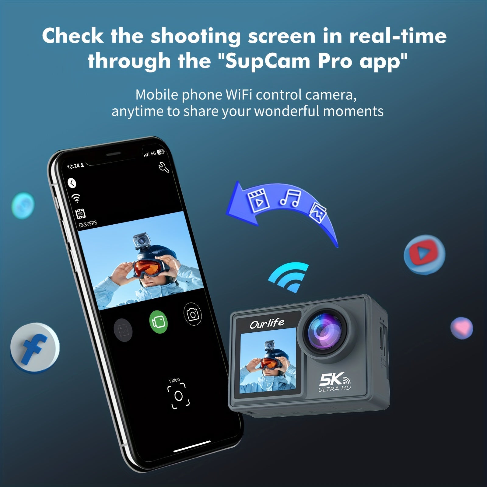 5K Action Camera with Dual Screen WiFi Control Rechargeable Lithium Polymer Battery