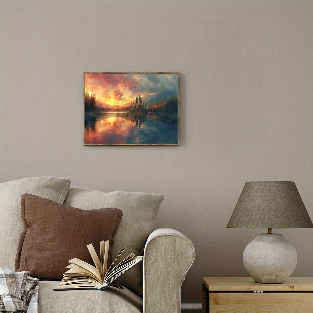 Impresión de arte estilo vintage de castillo en el lago al atardecer, decoración de pared de fantasía para academia oscura