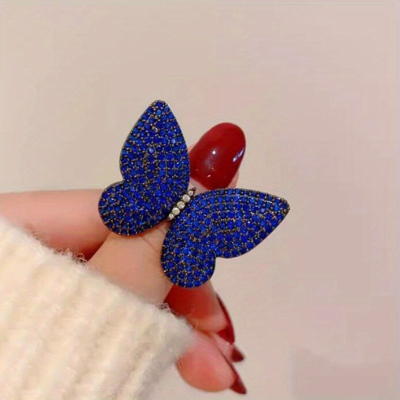 Women's Royal Blue Butterfly Brooches Set with Rhinestones for Autumn and Winter
