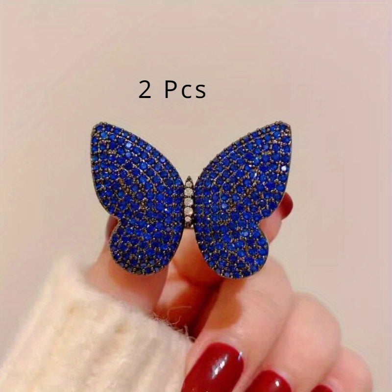Women's Royal Blue Butterfly Brooches Set with Rhinestones for Autumn and Winter
