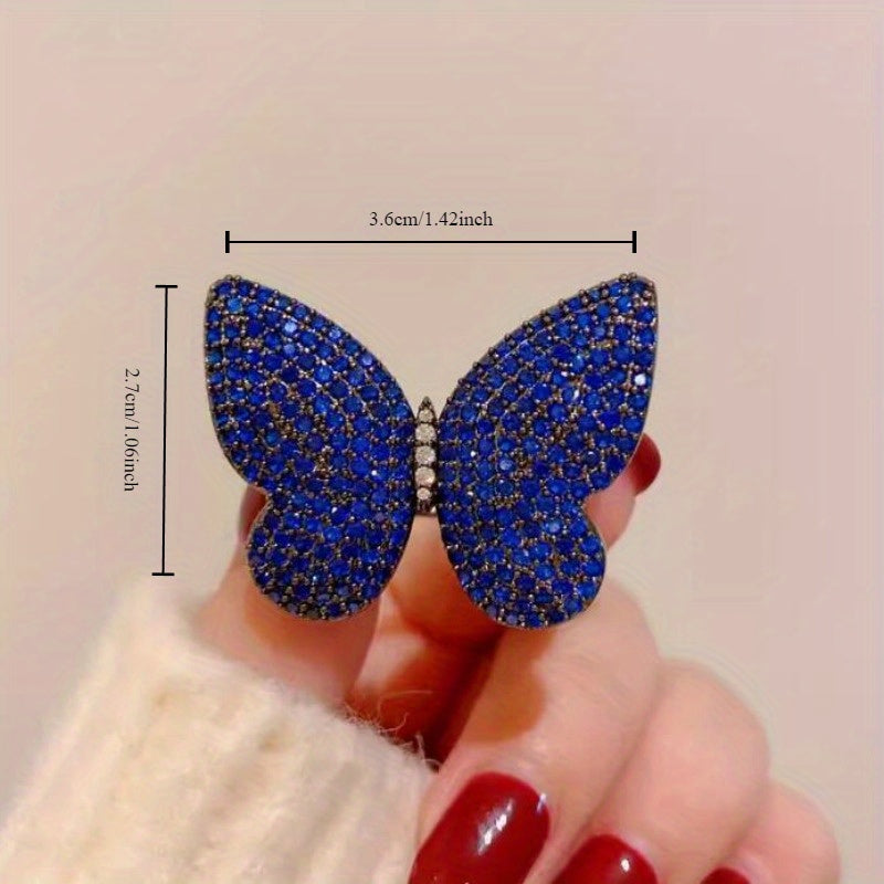 Women's Royal Blue Butterfly Brooches Set with Rhinestones for Autumn and Winter