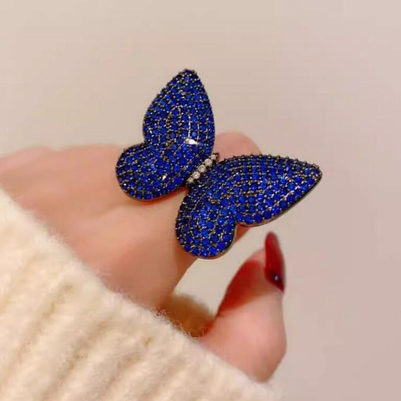 Women's Royal Blue Butterfly Brooches Set with Rhinestones for Autumn and Winter