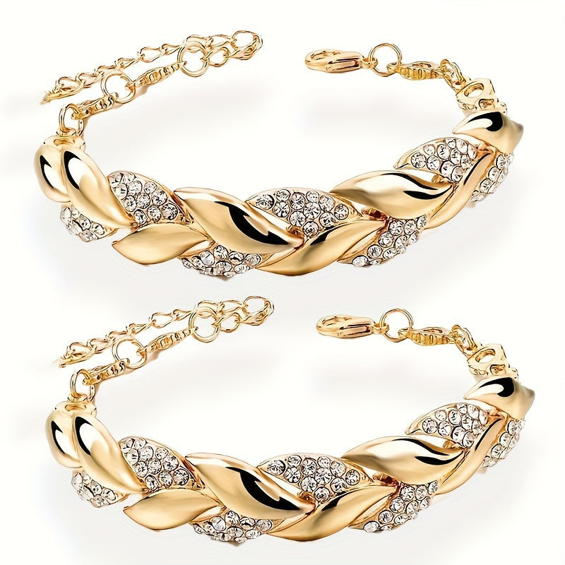 Leaf-Themed Alloy Bracelet Set for Women with Rhinestone Design for Daily Wear or Gifting