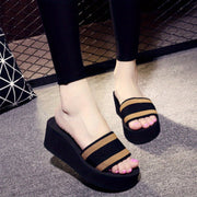 Women's Striped Open Toe Slip-On Slides with Mid Heel Platform and EVA Sole