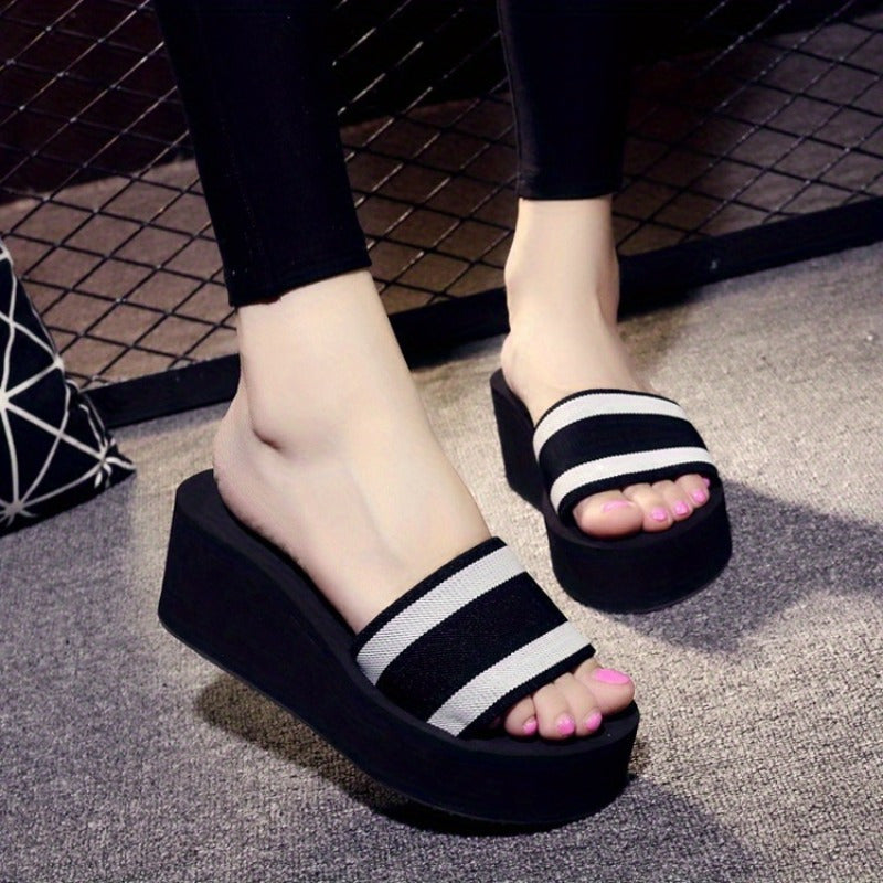 Women's Striped Open Toe Slip-On Slides with Mid Heel Platform and EVA Sole