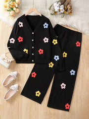 Girls Tween Floral Knit Cardigan and Pants Set Spring Fall Casual