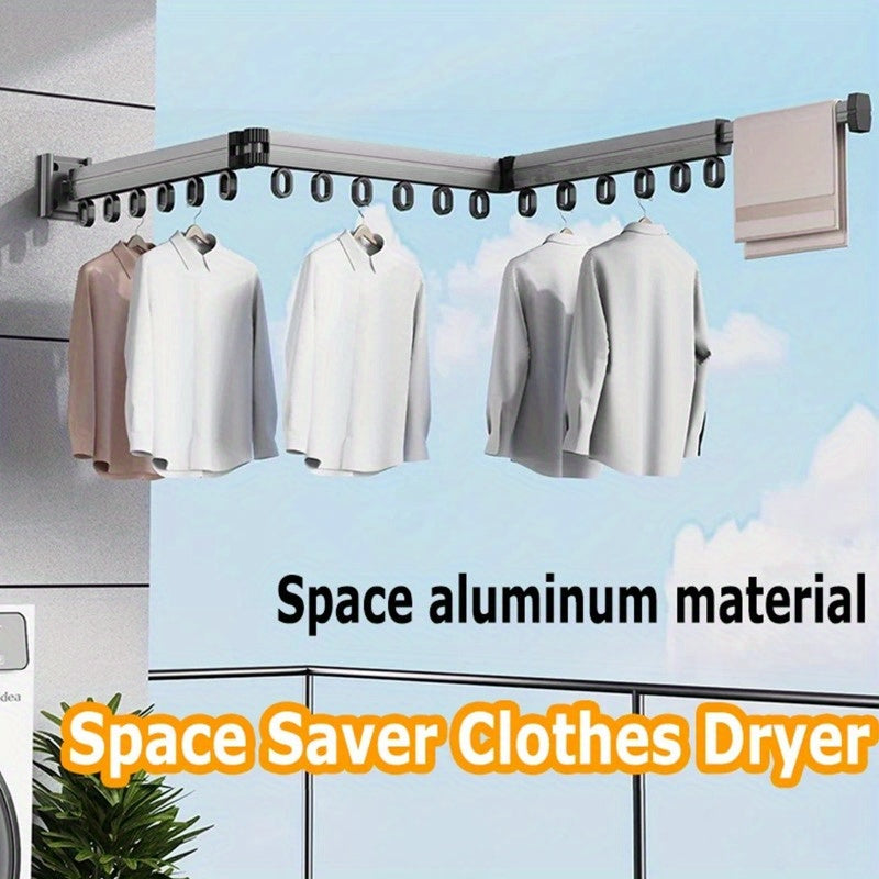 Wall-Mounted Folding Clothes Rack with Telescopic Drying Rod Space-Saving Clothes Dryer with Hooks