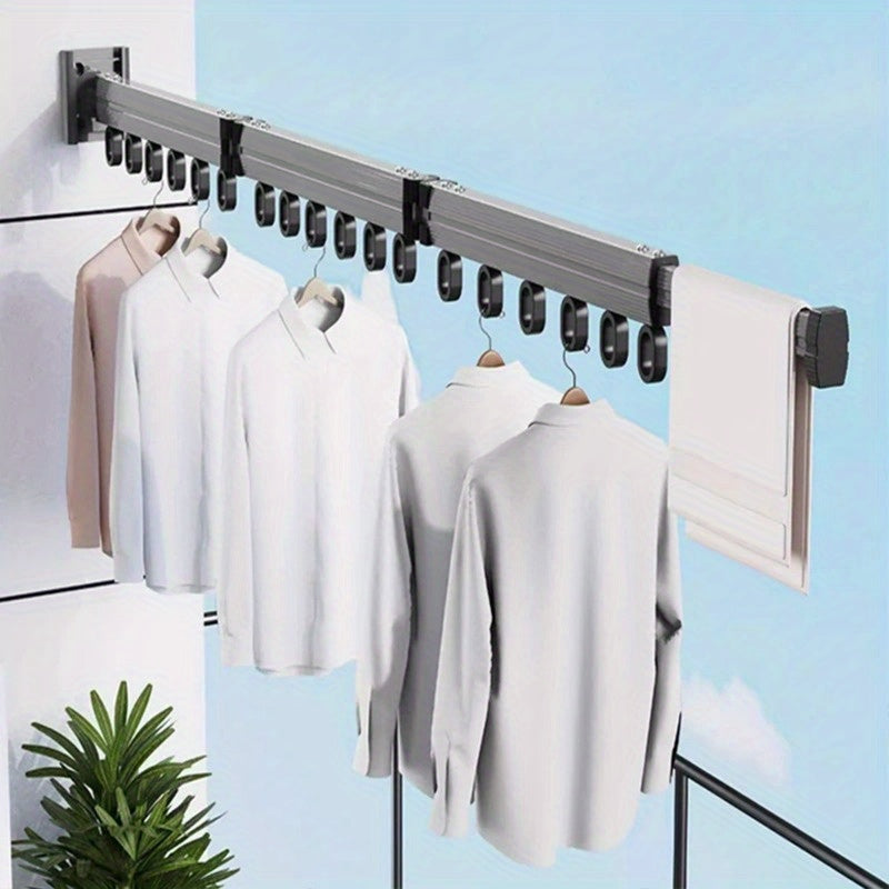 Wall-Mounted Folding Clothes Rack with Telescopic Drying Rod Space-Saving Clothes Dryer with Hooks
