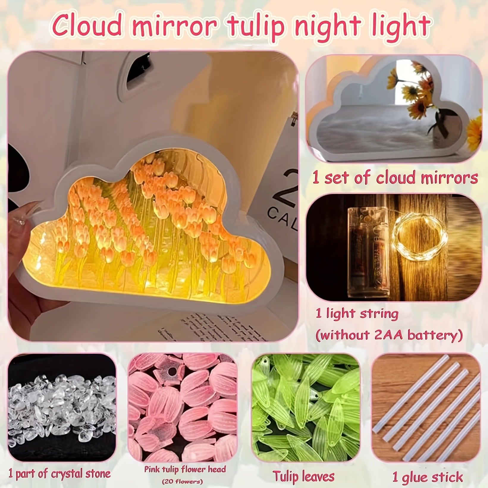 USB-Powered Night Light Kit with Tulip and Cloud LED Lights Adjustable Brightness for Kids Bedroom